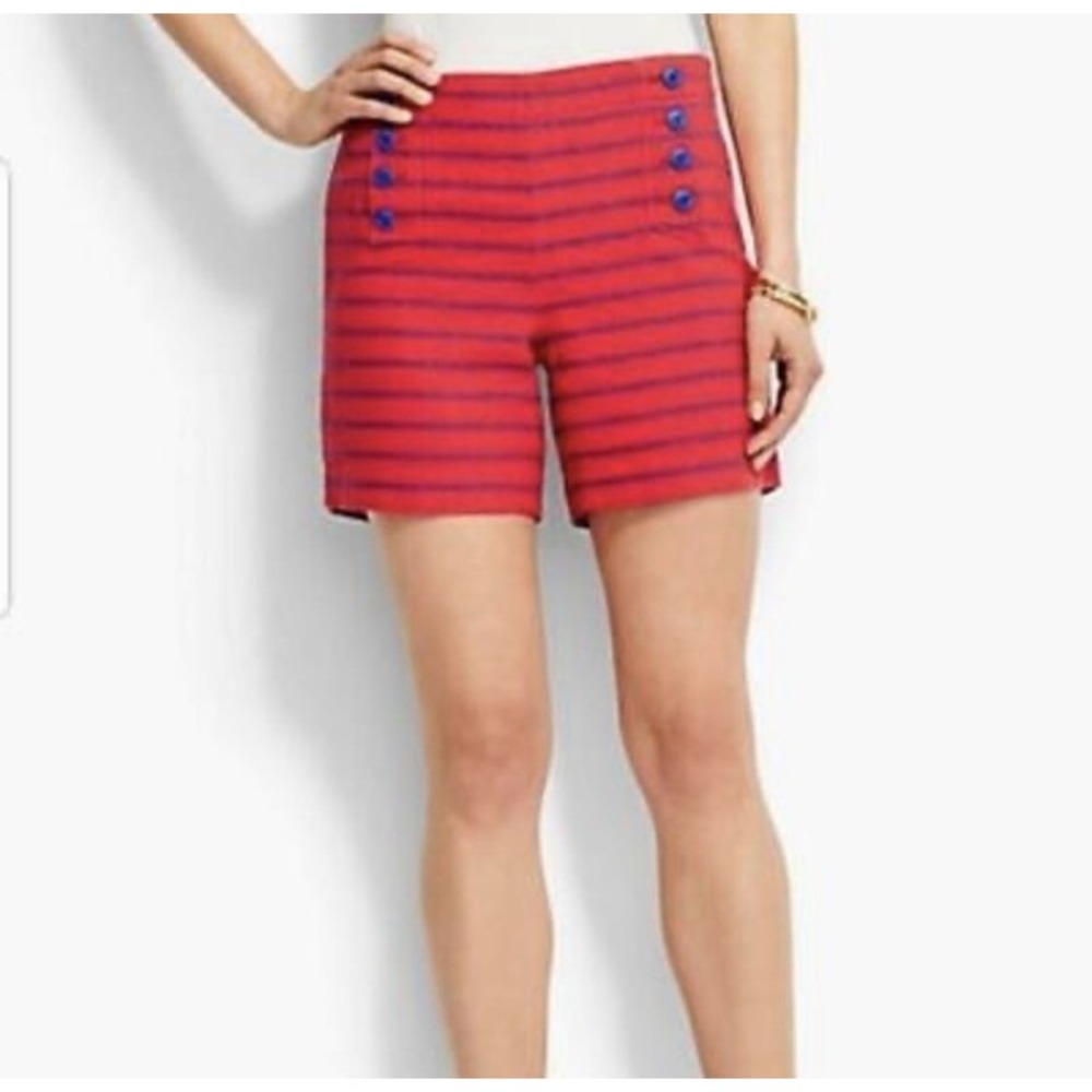 Red Striped High-Waist Women's Shorts with Blue Button Detail